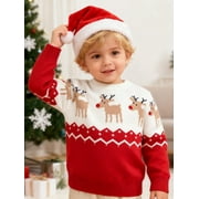 HILEELANG Toddler Boy Girl Sweater Christmas Knit Pullover Crewneck Offer White Red Christmas Elk Deer Sweatshirts Holiday Sweater 3-4T