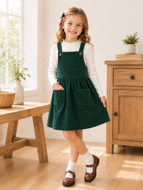 Girls 2-Piece Corduroy Jumper Dress Set with Long Sleeve Top, Forest Green