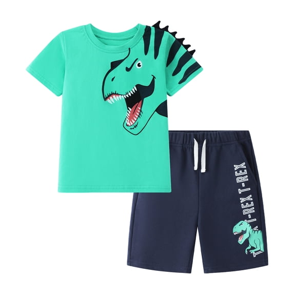 HILEELANG Toddler Dino Themed Cotton Short Sets - Green Dinosaur Tee with Plaid Shorts for 2-7Years(5T)