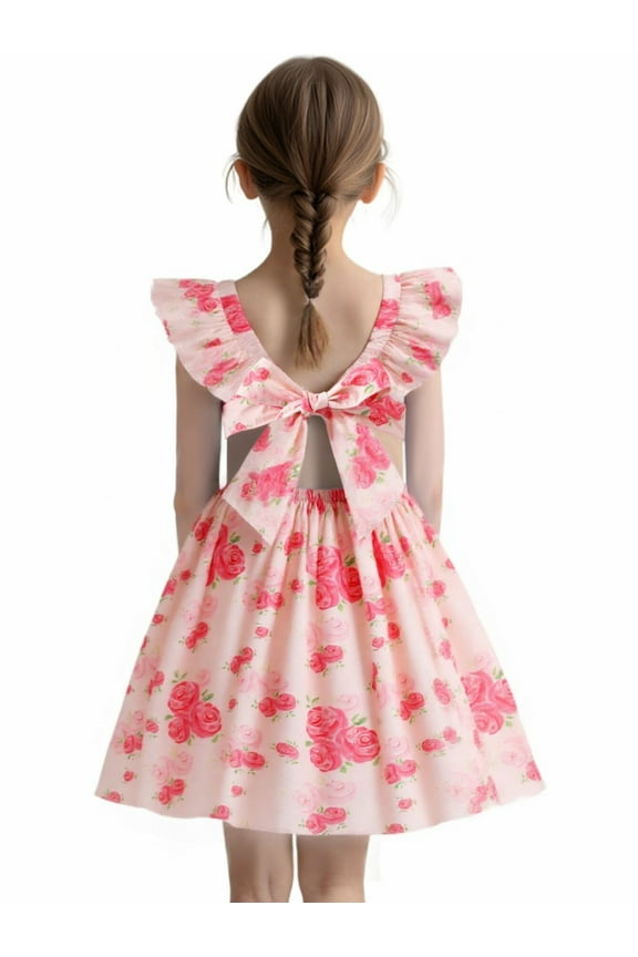 Toddler Girl Summer Dress Floral Ruffled Sleeve Backless Tie Back Crew Neck Sundress 5T