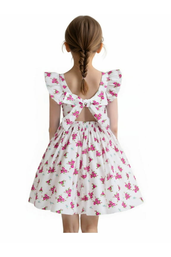 Toddler Girl Summer Dress Floral Ruffled Sleeve Backless Tie Back Crew Neck Sundress 2T