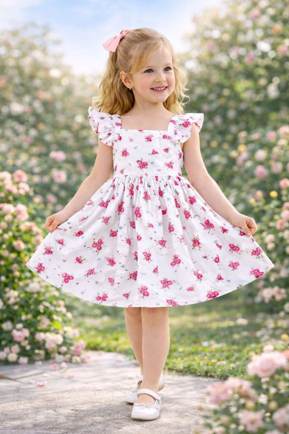 Toddler Girl Summer Dress Floral Ruffled Sleeve Backless Tie Back Crew Neck Sundress 2T
