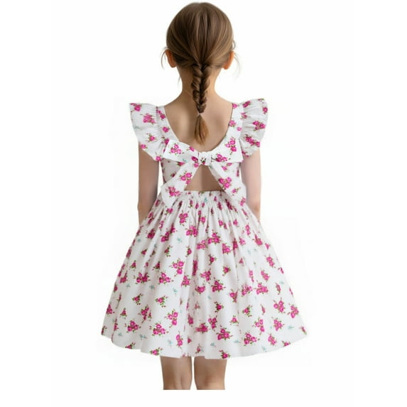 HILEELANG Toddler Girl Summer Dress Floral Ruffled Sleeve Backless Tie Back Crew Neck Sundress 5T