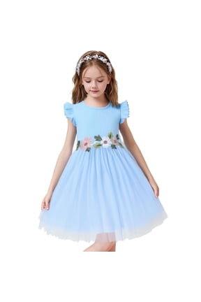 Toddler Little Girls Blue Tulle Dress, Floral Embroidered Flutter Sleeve Summer Party Tutu Dress, 2-8T