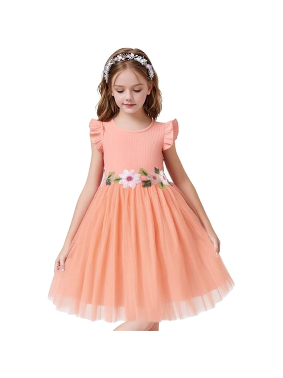 Toddler Little Girls Pink Tulle Dress, Floral Embroidered Flutter Sleeve Summer Birthday Party Dress, 2-10T