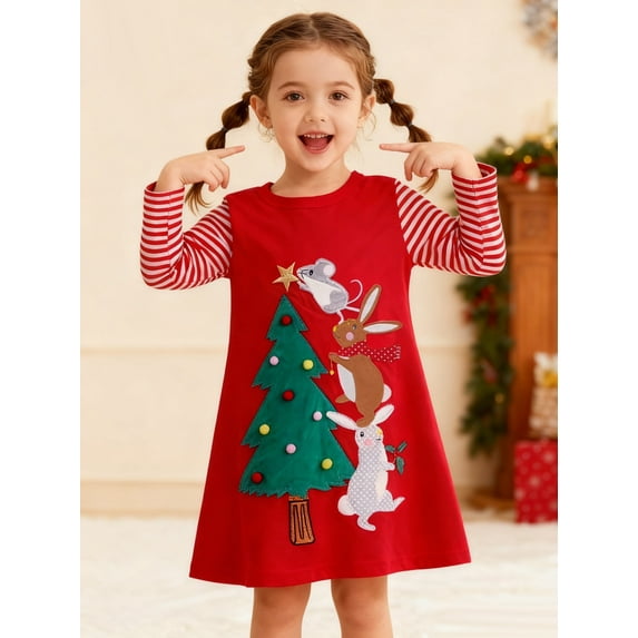 HILEELANG Toddler Girl Christmas Dress Long Sleeve Cotton Casaul Red Christmas Tree Applique Playwear Jersey Party Dresses 4T