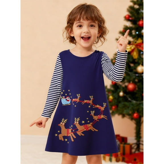 HILEELANG Toddler Girl Christmas Dress Navy Blue Deer Elk Santa Applique Long Sleeve Cotton Casual Dresses 2T