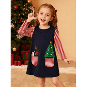 HILEELANG Toddler Girl Christmas Dress Navy Blue Deer Elk Santa Christmas Tree Applique Long Sleeve Cotton Holiday Dresses 2T