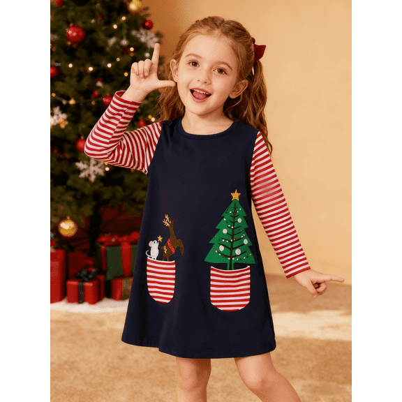 HILEELANG Toddler Girl Christmas Dress Navy Blue Deer Elk Santa Christmas Tree Applique Long Sleeve Cotton Holiday Dresses 2T