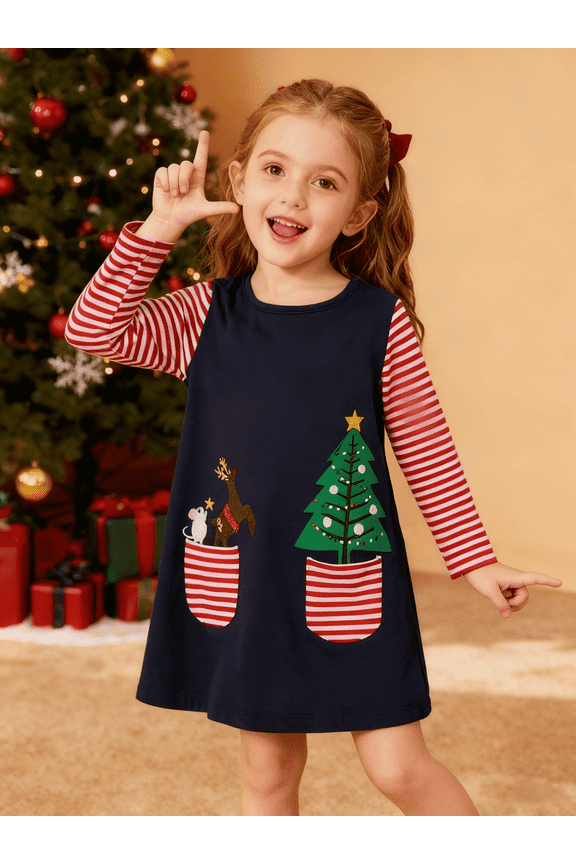 Toddler Girl Christmas Dress Navy Blue Deer Elk Santa Christmas Tree Applique Long Sleeve Cotton Holiday Dresses 2T