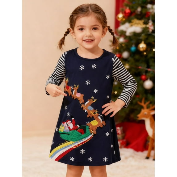HILEELANG Toddler Girl Christmas Dress Navy Blue Santa Claus Christmas Elk Sleigh Snowflakes Cotton Casual Long Sleeve Dresses 4T
