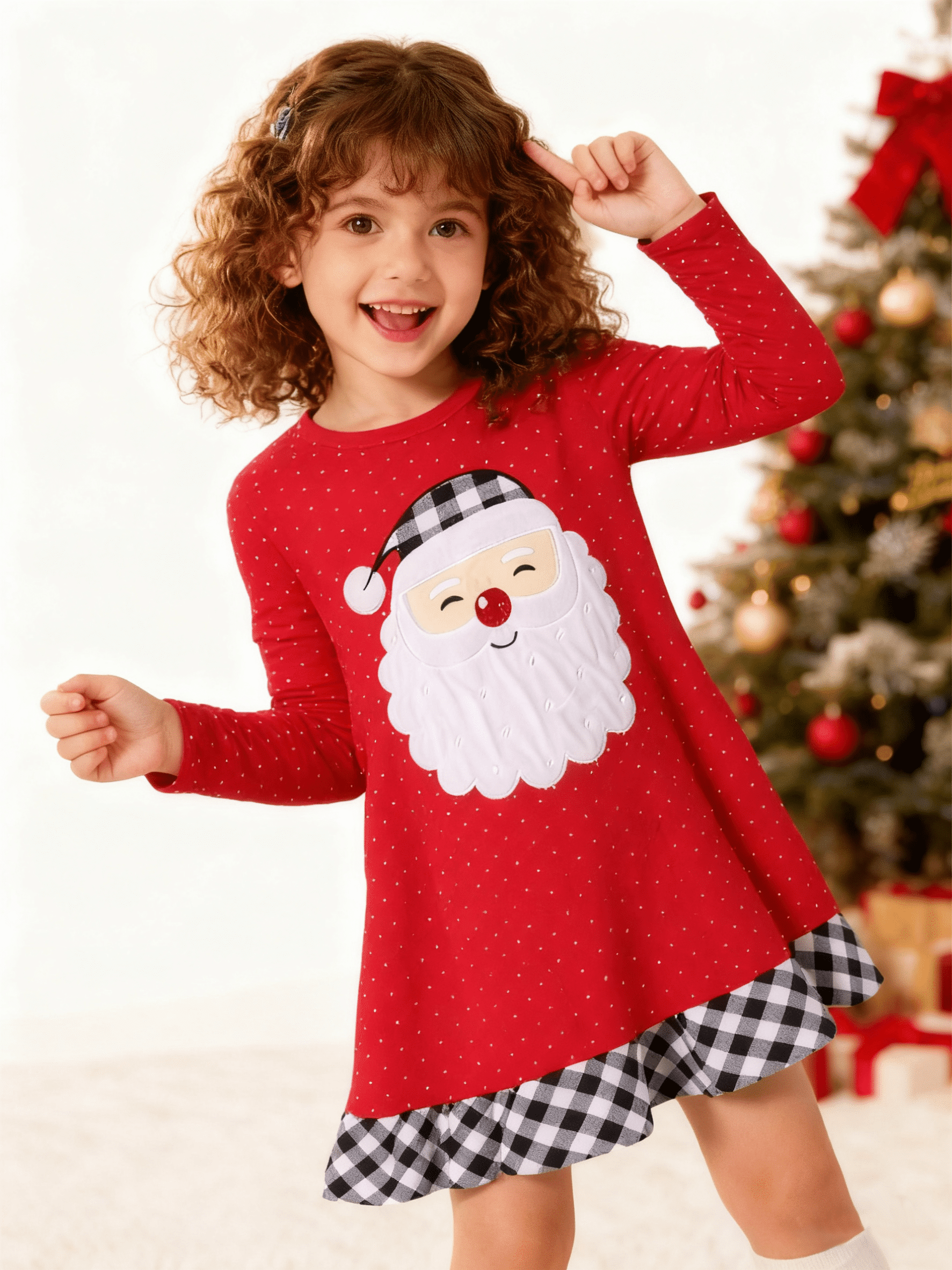 christmas jersey dresses HILEELANG Toddler Girl Dress Red Dot Santa Claus Long Sleeve Cotton Casual Tunic Shirt Play 4T Gingerbread dress