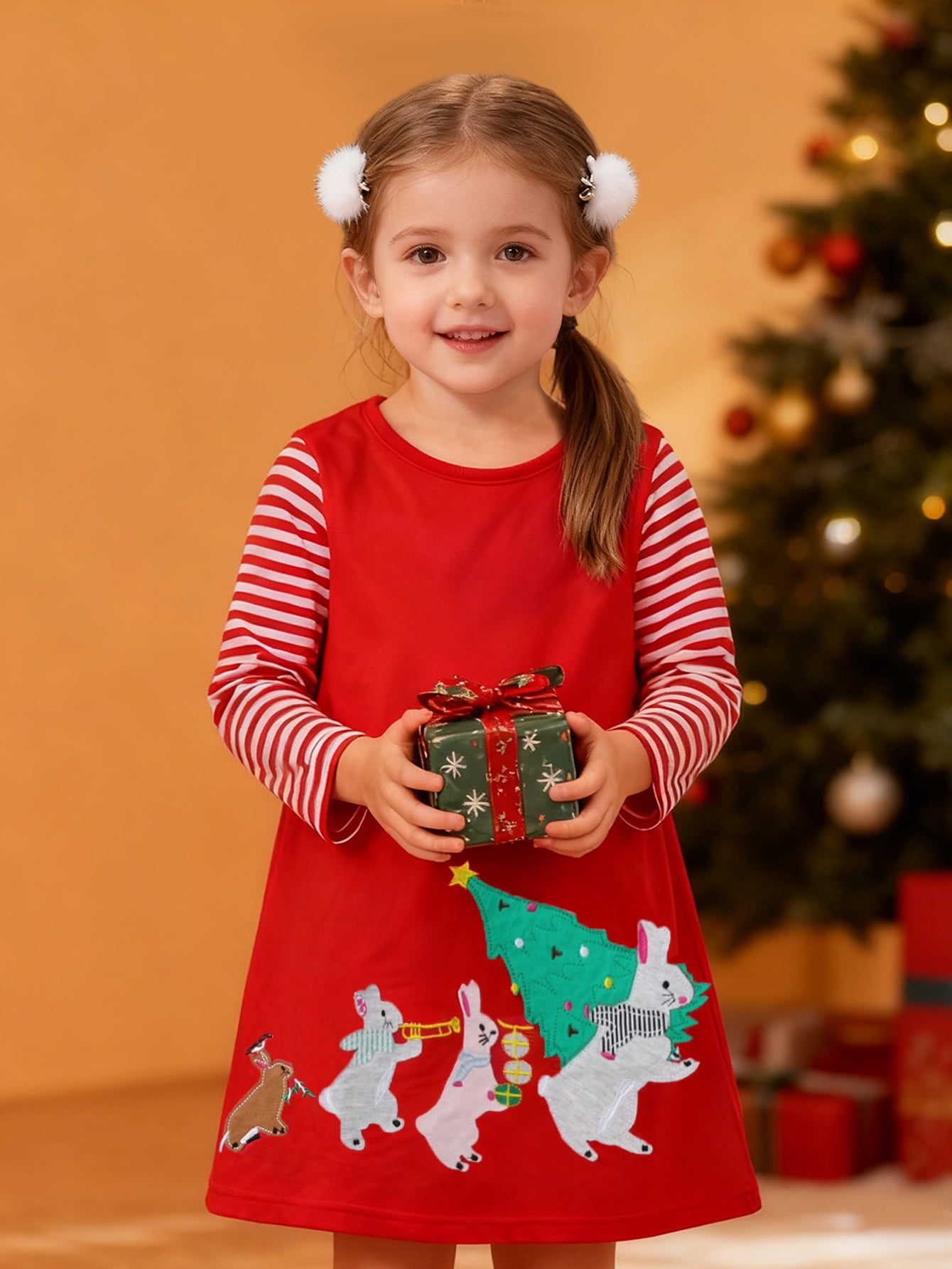 Hileelang Toddler Girl Christmas Dress Red Rabbit Bunny Christmas Tree Applique Long Sleeve Cotton Casual Dresses 5T, Toddler Girl's, Size: 2Y;3Y;4Y;