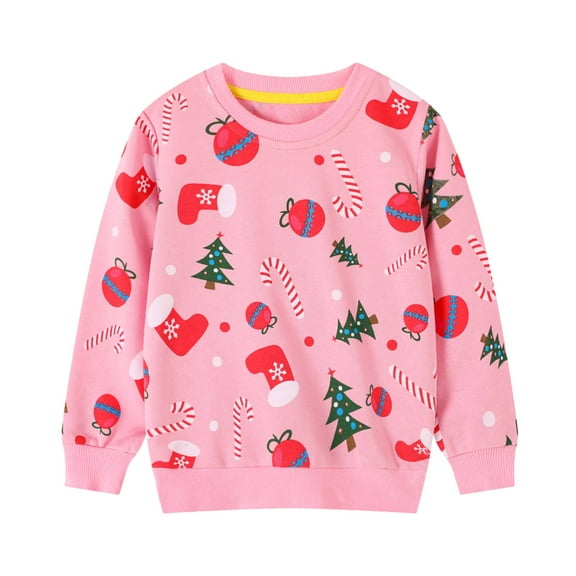 HILEELANG Toddler Girl Christmas Sweatshirts Pink Sock Graphic Cotton Crewneck Pullover Tops Sweater Shirts 2T