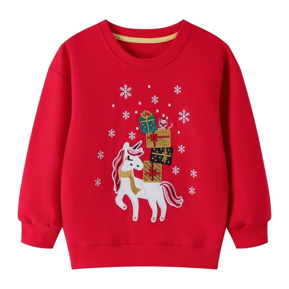 HILEELANG Toddler Girl Christmas Sweatshirts Red Unicorn Graphic Cotton Crewneck Pullover Tops Sweater Shirts 2T