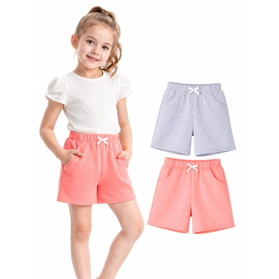 HILEELANG Toddler and Little Girls Cotton Shorts 2-Pack with Pockets, Gray and Pink, 2-7Y