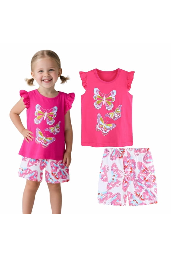 Toddler Girl Easter Summer Short Outfits Cotton CrewNeck Pink Butterfly Short Sleeve Playwear 2PC Sets 2T