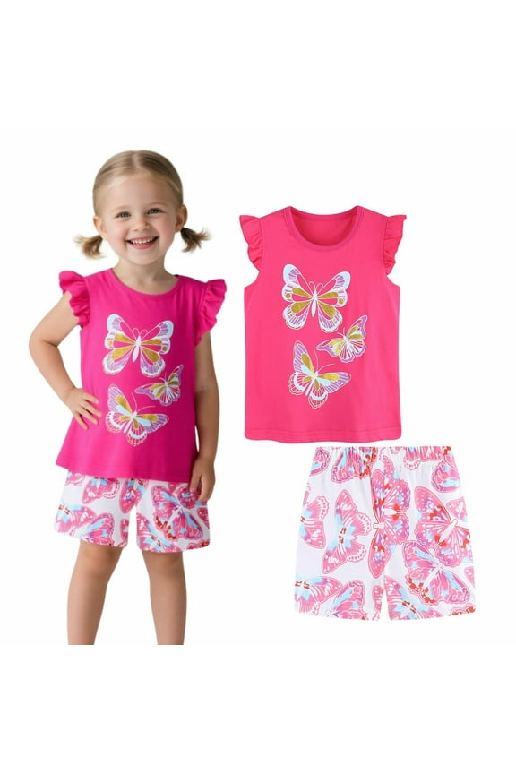 Toddler Girl Easter Summer Short Outfits Cotton CrewNeck Pink Butterfly Short Sleeve Playwear 2PC Sets 4T