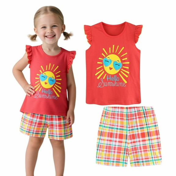 HILEELANG Toddler Girl Easter Summer Short Outfits Cotton CrewNeck Red Sun Short Sleeve Playwear 2PC Sets 3T