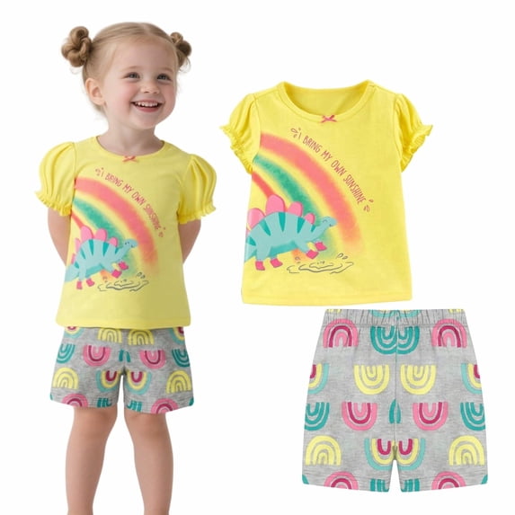 HILEELANG Toddler Girl Summer Short Outfits Cotton CrewNeck Yellow Animals Short Sleeve Playwear 2PC Sets 4T
