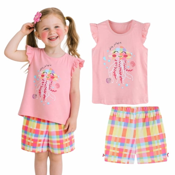 HILEELANG Toddler Girl Summer Short Sets Outfits Cotton CrewNeck Pink Jellyfish Short Sleeve Playwear 2PC Sets 4T