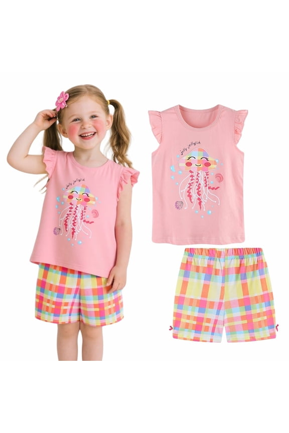 Toddler Girl Easter Summer Short Sets Outfits Cotton CrewNeck Pink Jellyfish Short Sleeve Playwear 2PC Sets 4T