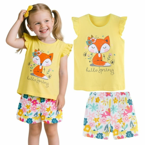 HILEELANG Toddler Girl Easter Summer Short Sets Outfits Cotton CrewNeck Yellow Fox Short Sleeve Playwear 2PC Sets 2T