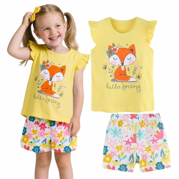 HILEELANG Toddler Girl Easter Summer Short Sets Outfits Cotton CrewNeck Yellow Fox Short Sleeve Playwear 2PC Sets 5T