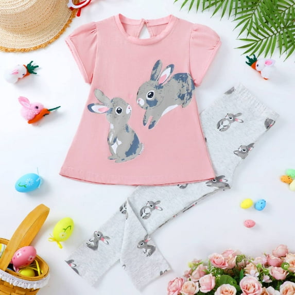 HILEELANG Toddler Girl Easter T-Shirt Leggings Outfit Set Summer Cotton Dust Pink Bunny Rabbit Ruffle Short Clothing Sets 4T