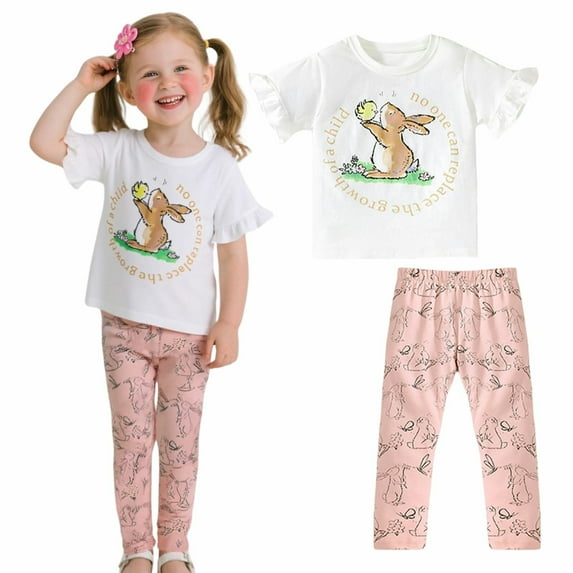 HILEELANG Toddler Girl Easter T-Shirt Leggings Outfit Set Summer Cotton White Pink Bunny Rabbit Ruffle Short Clothing Sets 4T