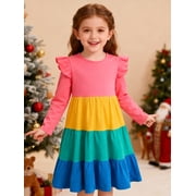 HILEELANG Toddler Girl Long Sleeve Dress Ruffle Solid Color Cotton Casual Tiered Pleated Twirly Dress 2T