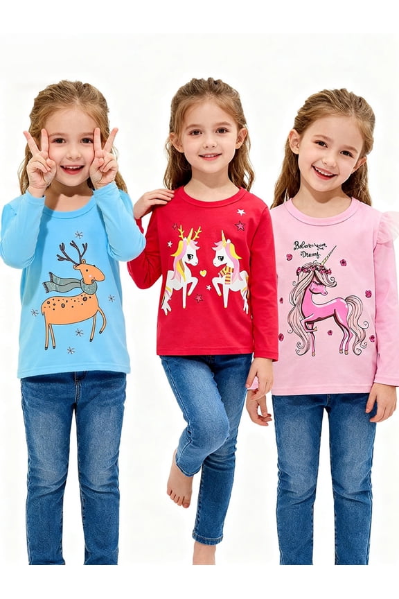 Little Girl Long Sleeve Shirts Christmas Ruffle Pink Red Unicorn Graphic Cotton Casual Crewneck Jersey Tunic T-Shirts 3 Packs Sets 5T