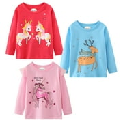 HILEELANG Toddler Girl Long Sleeve Shirts Christmas Ruffle Pink Red Unicorn Graphic Cotton Casual Crewneck Jersey Tunic T-Shirts 3 Packs Sets 2T-12Y