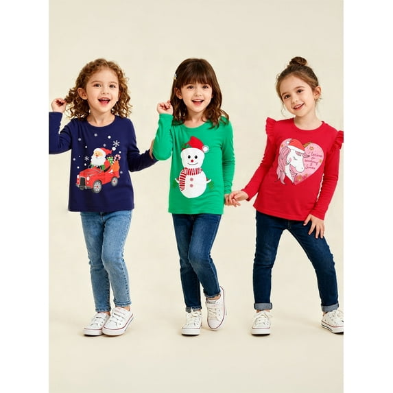 Toddler Girl Long Sleeve Shirts Christmas Ruffle Red Unicorn Green Snowman Cotton Casual Crewneck Jersey Tunic T-Shirts 3 Packs Sets 4T
