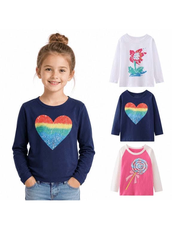 Girls Long Sleeve Graphic T-Shirts, 3-Pack Soft Cotton Crewneck Tees with Rainbow Heart, Floral and Lollipop Prints, Sizes 2T-12