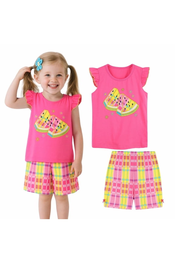 Toddler Princess Cotton Toddler Girl Summer Pink Watermelon Top & Check Shorts Set, 2T