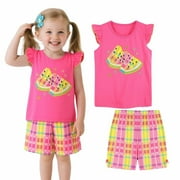 HILEELANG Toddler Girls' Cotton Summer Clothing Set, Pink Watermelon Top and Check Shorts, Size 5T