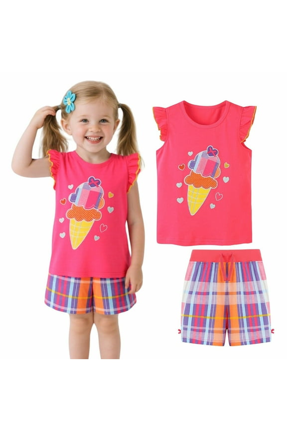 Kids Cotton Ruffle Sleeve Ice Cream Tank Top and Check Shorts Set, Comfortable and Durable, 5T