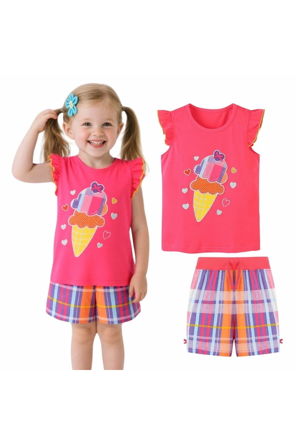 Kids Cotton Ruffle Sleeve Ice Cream Tank Top and Check Shorts Set, Comfortable and Durable, 5T