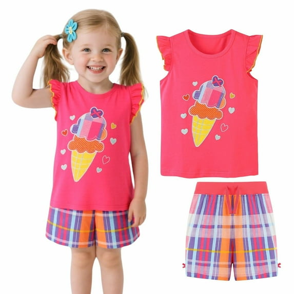 HILEELANG Toddler Girl Short Outfits Sets Easter Summer Cotton Casual Ruffle Sleeve Ice Cream Tank Top Shirts Check Shorts Beach Clothing Sets 7Years