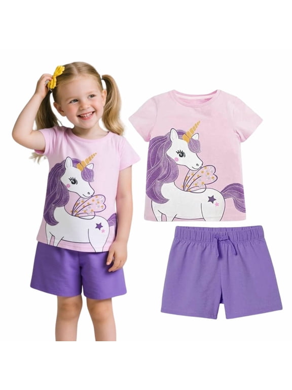 Little Girl Unicorn Print Cotton T-Shirt and Shorts Outfit Set, 2 Pieces, 6 Years