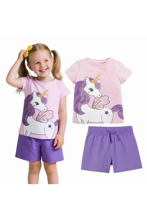 Little Girl Unicorn Print Cotton T-Shirt and Shorts Outfit Set, 2 Pieces, 6 Years