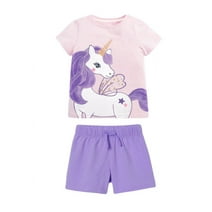 HILEELANG Toddler Girl Shorts Set Kids Short Sleeve T-shirt Cute Unicorn Print Knit Cotton Crewneck Pullover Tops and Shorts 2pieces Outfit Set 5T