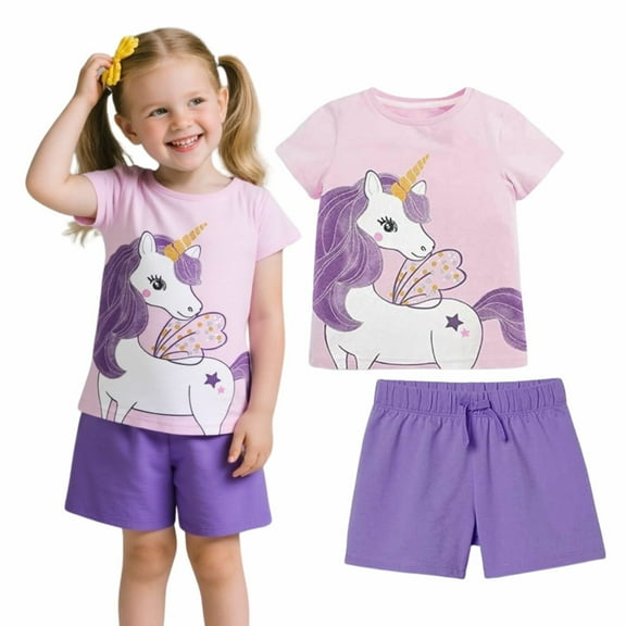 HILEELANG Toddler Girl Clothes - Cute Unicorn Print Cotton Pullover and Shorts Set