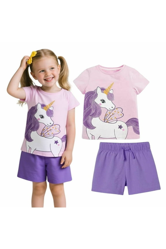 Toddler Girl Clothes - Cute Unicorn Print Cotton Pullover and Shorts Set