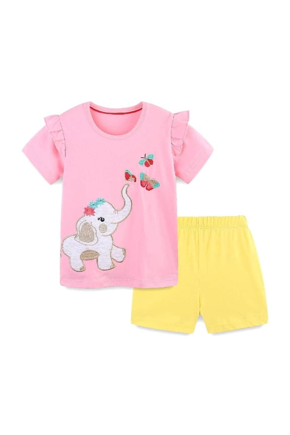 Toddler Girl Summer Short Clothes Sets Outfits Cotton Pink Elephant Tee Shirts Shorts Playwear 4T