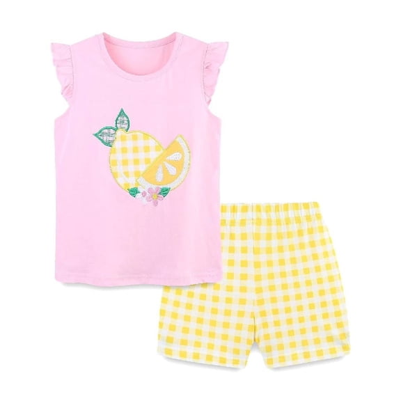 HILEELANG Toddler Girl Summer Cotton Pink Lemon Tee Shirt and Shorts Set, 4T
