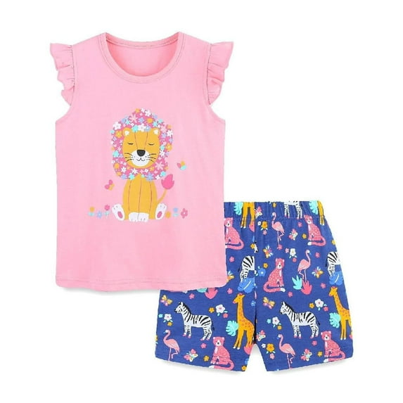 HILEELANG Toddler Girl Summer Short Clothes Sets Outfits Easter Cotton Pink Lion Tee Shirts Shorts Playwear 4T