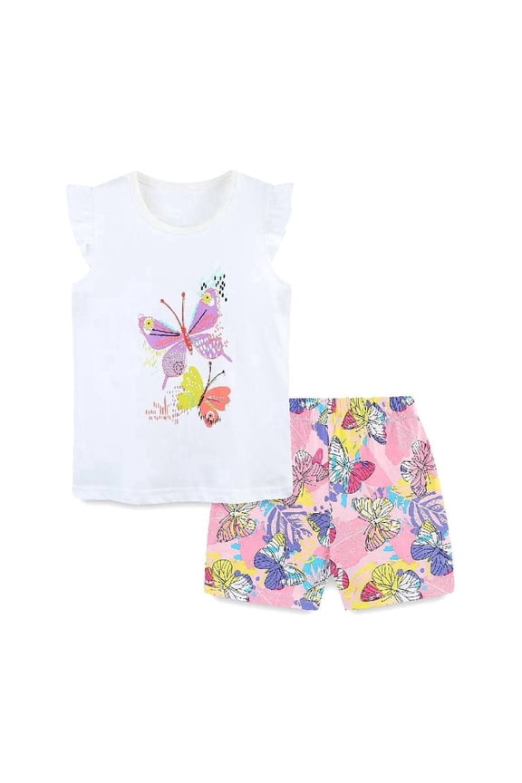 Toddler Girl Summer Short Clothes Sets Outfits Cotton White Butterfly Tee Shirts Shorts Playwear 2T