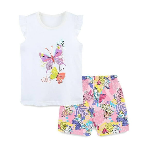 HILEELANG Toddler Girl Summer Short Clothes Sets Outfits Easter Cotton White Butterfly Tee Shirts Shorts Playwear 5T
